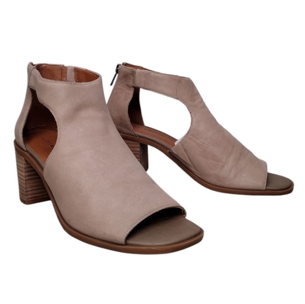 Lucky Brand Tarrinax Leather Cutout Open-Toe Stacked Heel Ankle Booties Sz 8.5